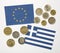 Greek flag and European flag with Euros and Drachma coins