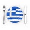Greek Food or Cuisine Concept. Fork, Knife and Plate with Greece Flag. 3d Rendering