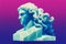 Greek god sculpture in retrowave city pop design, vaporwave style colors