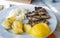 Greek grilled pork with rice and potatoes