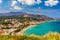 Greek holidays, beautiful Kalyves village with turquoise sea in Crete island, Greece. View of Kalyves beach, Crete. Seagulls