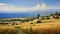 Greek Island Landscape: Wheat Fields, Ocean, And Farming Village