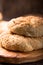 Greek koulouri or Turkish bagels called Simit in stack. Traditional street food, crispy sesame bread ring bagels