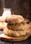 Greek koulouri or Turkish bagels called Simit in stack. Traditional street food, crispy sesame bread ring bagels