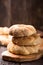 Greek koulouri or Turkish bagels called Simit in stack. Traditional street food, crispy sesame bread ring bagels