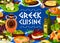 Greek olive salad, meat, seafood risotto dishes