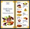 Greek restaurant menu with seafood, meat, veggies