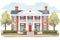 greek revival mansion with red brick and white columns, magazine style illustration