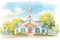 greek revival style church with tall steeple, magazine style illustration
