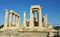 Greek ruins at the Temple of Aphaia on island of Egina ancient roman columns golden hour historic remains Greece Mediterranean sea