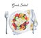 Greek salad with fresh vegetables and feta cheese. Watercolor illustration