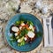 Greek salad with giant olives and provencal herbs