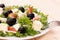 Greek salad, gigantic black olives, sheeps cheese