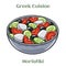 Greek Salad Horiatiki. Made With Pieces of Tomatoes, Sliced Cucumbers, Onion, Feta Cheese and Olives. Isolated vector illustration