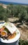 Greek salad view of the farm and sea