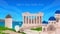 Greek tourism. Greece welcome poster. Ancient temple. City landmark. Antique Europe buildings. Map with architecture and