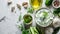 Greek Tzatziki Ingredients on White Ceramic Surface