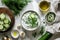 Greek Tzatziki Ingredients on White Ceramic Surface