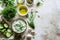 Greek Tzatziki Ingredients on White Ceramic Surface