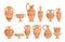 Greek vases flat vector illustrations set. Ceramic antique amphora with patterns collection. Ancient Greece potter with