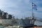 Greek warship destroyer Velos D-16 at waterfront in Thessaloniki, Greece.