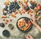 Greek yogurt, fresh fruit and chia seeds bowl, top view