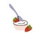 Greek yogurt in jar with berries, spoon. Strawberry yoghurt in bowl. Milk dessert, dairy product, sour cream. Healthy
