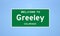 Greeley, Colorado city limit sign. Town sign from the USA.