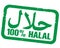 Green 100 percent HALAL rubber stamp print with arabic script for word halal