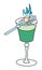 Green absinthe in cobbler glass with a burning sugar cube on a special spoon. Stylish hand-drawn doodle cartoon hipster style