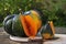 Green Acorn squash on a wooden board.