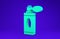 Green Aftershave bottle with atomizer icon isolated on blue background. Cologne spray icon. Male perfume bottle. 3d
