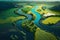 Green agricultural land with a winding river, captured from a drone, showing the beauty of nature\\\'s landscape, Genera