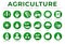 Green Agriculture Round Icon Set of Wheat, Corn, Soy, Tractor, Sunflower, Fertilizer, Sun, Water, Growth, Weather, Rain, Fields,