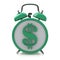 Green alarm clock with dollar symbol on clockface. Time is money