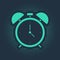 Green Alarm clock icon isolated on blue background. Wake up, get up concept. Time sign. Abstract circle random dots