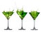 Green alcohol cocktail set with splash on white