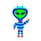 A green alien character with big eyes in a spacesuit