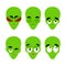 Green alien emoji. emotion set. Aggressive and good UFO face. Surprised and sleep. Space invader avatar collection