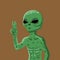 Green Alien hand drawn vector illustration. Martian showing peace sign closeup.