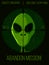 Green alien head under a hunter`s sniper poster. Banner of an outer space sci-fi creature being targeted. UFO strange concept