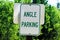 A green angle parking sign with trees in the background