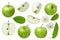 Green Apple for design package. Set of whole Apple, half and slice with leaf and flowers isolated on white background