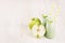 Green apple fruit smoothie in glass jars with straw, mint leaves, apples. White wooden board background, copy space.