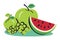 Green apple, grapes, and sliced watermelon on white. Healthy eating, fruit assortment, fresh summer fruits vector
