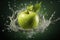 Green apple on green background. Apple in a splash of juice with drops. Apple juice. Fresh food. Splash of juice.
