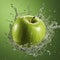 Green apple on green background. Apple in a splash of juice with drops. Apple juice. Fresh food. Splash of juice.