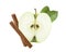 Green apple half cut with cinnamon sticks isolated