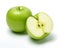 Green apple halves and green apple fruit high detail on white background