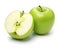 Green apple halves and green apple fruit high detail on white background